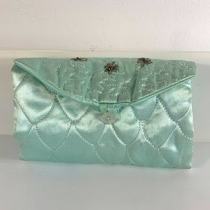 Vintage Beaded Satin Jewelry Travel Embroidered Roll Up Pastel Green Bag Pouch